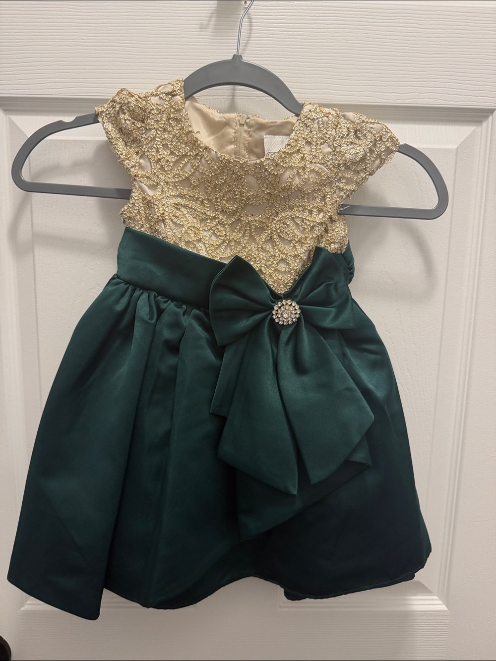 Gold Lace & Emerald Green Bow Girls' Party Dress